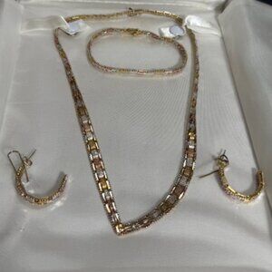 Riccio mesh chevron tri-color sterling silver necklace, bracelet, earring set ne